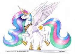 Size: 1115x813 | Tagged: safe, artist:baron engel, princess celestia, pony, g4, bedroom eyes, female, looking at you, raised hoof, raised leg, smiling, solo, spread wings, traditional art