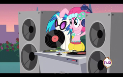 Size: 1440x900 | Tagged: safe, screencap, dj pon-3, pinkie pie, vinyl scratch, g4, youtube caption