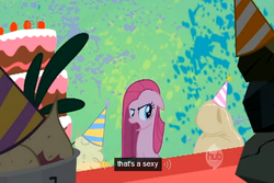 Size: 1280x853 | Tagged: safe, screencap, madame leflour, pinkie pie, rocky, sir lintsalot, g4, youtube caption