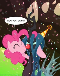 Size: 1171x1479 | Tagged: safe, artist:tarajenkins, pinkie pie, queen chrysalis, changeling, changeling queen, cupidite, g4, clown nose, female, party cannon, red nose