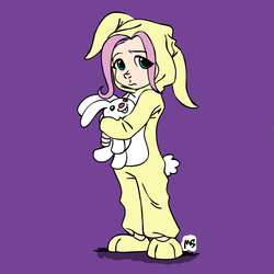 Size: 945x945 | Tagged: safe, artist:megasweet, artist:plasters-ponies, fluttershy, human, g4, animal costume, bunny costume, bunny pajamas, bunnyshy, clothes, humanized, onesie, pajamas, slippers, solo, young, younger