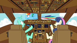 Size: 1600x900 | Tagged: safe, artist:ifollowroads, bon bon, lyra heartstrings, rainbow dash, sweetie drops, earth pony, pegasus, pony, unicorn, g4, boeing, boeing 777, cockpit, crash, female, mare, pilot, plane, this ended in death, this ended in pain