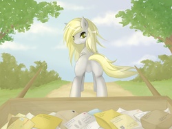 Size: 1699x1278 | Tagged: safe, artist:v-invidia, derpy hooves, pegasus, pony, g4, bedroom eyes, butt, featureless crotch, female, letter, looking at you, looking back, mail, mare, plot, smiling, solo