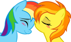 Size: 2437x1444 | Tagged: safe, artist:kennyklent, rainbow dash, spitfire, pony, g4, blushing, duo, eyes closed, female, forehead kiss, kissing, lesbian, loose hair, ship:spitdash, shipping, simple background, transparent background