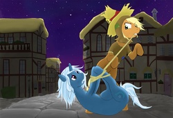 Size: 1303x884 | Tagged: safe, artist:v-invidia, applejack, trixie, pony, g4, duo, night, nightmare night, rope, tied up