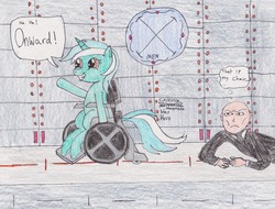 Size: 2984x2263 | Tagged: safe, artist:darkknighthoof, lyra heartstrings, human, pony, unicorn, g4, accessory theft, crossover, duo, high res, professor x, traditional art, wheelchair, x-men