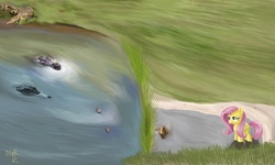 Size: 1806x1085 | Tagged: safe, artist:alexrockclimber, fluttershy, crocodile, duck, g4, animal, cute, lake, water
