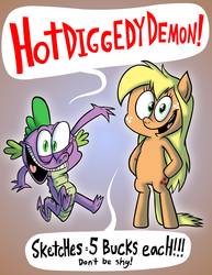 Size: 2951x3820 | Tagged: safe, artist:hotdiggedydemon, spike, dragon, earth pony, pony, g4, bipedal, female, high res, jappleack, male, male nipples, mare, nipples