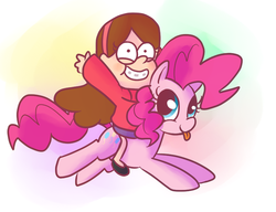 Size: 500x384 | Tagged: safe, artist:elslowmo, pinkie pie, g4, crossover, gravity falls, humans riding ponies, mabel pines, male, riding