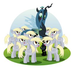 Size: 558x518 | Tagged: safe, artist:xkappax, derpy hooves, queen chrysalis, changeling, changeling queen, pegasus, pony, g4, crown, female, jewelry, mare, regalia, simple background, transparent background, transparent wings, unstoppable force of derp, vector, wings