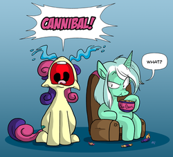 Size: 576x524 | Tagged: safe, artist:xkappax, bon bon, lyra heartstrings, sweetie drops, earth pony, pony, unicorn, g4, alternate hairstyle, armchair, bowl, candy, cannibalism, chair, crying, dialogue, duo, duo female, eating, female, food, gradient background, mare, meme, open mouth, screaming, sitting, sitting lyra, speech bubble, yelling