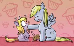 Size: 576x356 | Tagged: safe, artist:xkappax, derpy hooves, dinky hooves, pegasus, pony, g4, duo, eat muffins every day, equestria's best mother, female, mare