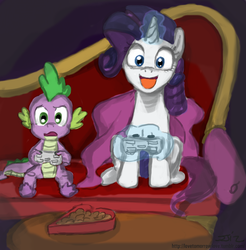 Size: 837x850 | Tagged: safe, artist:johnjoseco, rarity, spike, dragon, pony, unicorn, g4, colored, controller, couch, dark, fainting couch, female, frown, levitation, looking at you, magic, male, mare, open mouth, raised eyebrow, rarigamer, ship:sparity, shipping, sitting, smiling, straight, telekinesis, unicorn master race, video game, wide eyes