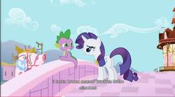 Size: 856x476 | Tagged: safe, screencap, rarity, spike, g4, secret of my excess, youtube caption