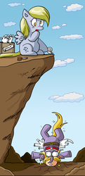 Size: 576x1194 | Tagged: safe, artist:xkappax, derpy hooves, dinky hooves, pegasus, pony, unicorn, g4, :o, bandaid, bump, cliff, curved horn, derp, duo, equestria's worst mother, fake wings, falling, female, filly, flying lesson, head lump, head trauma, horn, mare, open mouth, ouch, scissors, shivering, sitting, spread wings, tape, wings