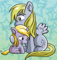 Size: 429x455 | Tagged: safe, artist:xkappax, derpy hooves, dinky hooves, pegasus, pony, g4, crying, duo, equestria's best mother, female, mare, mother and daughter