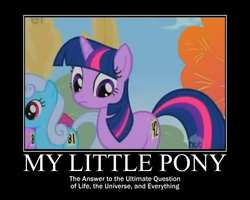 Size: 750x600 | Tagged: safe, edit, edited screencap, screencap, berry punch, berryshine, linky, shoeshine, twilight sparkle, fall weather friends, g4, my little pony: friendship is magic, season 1, 42, demotivational poster, hitchhiker's guide to the galaxy, hub logo, meme