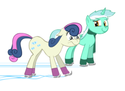 Size: 550x400 | Tagged: safe, artist:christheponyguy, bon bon, lyra heartstrings, sweetie drops, earth pony, pony, unicorn, g4, bon bon is not amused, duo, duo female, female, floppy ears, ice skating, mare, simple background, transparent background