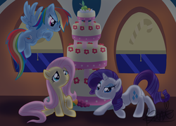 Size: 900x643 | Tagged: dead source, safe, artist:maplesunrise, fluttershy, rainbow dash, rarity, g4, cake