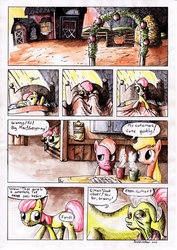 Size: 900x1273 | Tagged: safe, artist:smellslikebeer, apple bloom, applejack, big macintosh, granny smith, earth pony, pony, g4, comic, crosshatch, cutie mark, dialogue, female, filly, ink, male, mare, speech bubble, stallion, traditional art