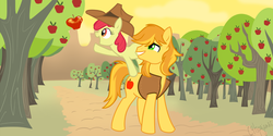 Size: 1500x750 | Tagged: dead source, safe, artist:calicopikachu, apple bloom, braeburn, earth pony, pony, g4, adorabloom, commissioner:gammaeradon-02, cute, female, filly, foal, male, stallion