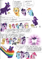 Size: 792x1094 | Tagged: safe, artist:kturtle, applejack, fluttershy, pinkie pie, rainbow dash, rarity, twilight sparkle, bear, earth pony, pegasus, pony, unicorn, ursa, ursa major, g4, comic, elements of harmony, female, glowing eyes, gun, logic bomb, machine gun, mane six, mare, rainbow, simple background, speech bubble, unicorn twilight, weapon, white background