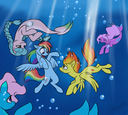 Size: 1000x900 | Tagged: safe, artist:calicopikachu, rainbow dash, spitfire, hippocampus, merpony, pegasus, pony, g4, bubble, female, free diving, lesbian, mare, ship:spitdash, shipping, swimming, underwater
