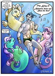 Size: 553x761 | Tagged: safe, artist:cybercat, human, sea pony, g1, 2011, bubble, crepuscular rays, crossover, fins, flowing mane, namor, namor mckenzie, ocean, parody, shoo be doo, sunlight, swimming, underwater, water