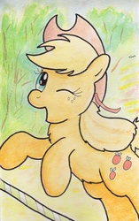 Size: 742x1179 | Tagged: safe, artist:slightlyshade, applejack, earth pony, pony, g4, female, one eye closed, solo, traditional art