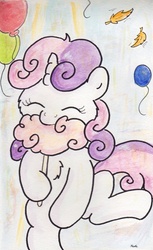 Size: 739x1210 | Tagged: safe, artist:slightlyshade, sweetie belle, pony, g4, cotton candy, cute, female, food, solo, traditional art