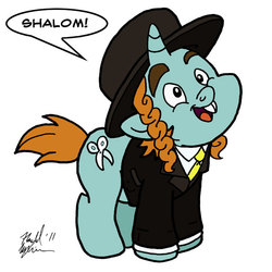 Size: 600x600 | Tagged: safe, artist:ronald-mack, snips, pony, unicorn, g4, circumcision, circumcision joke, clothes, colt, dialogue, foal, hebrew, jewnicorn, judaism, male, mohel, open mouth, payots, simple background, solo, speech bubble, white background