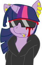 Size: 719x1110 | Tagged: safe, artist:artsygum, twilight sparkle, g4, clothes, ear piercing, female, gangsta, gangster, hoodie, lip piercing, piercing, sunglasses, visor