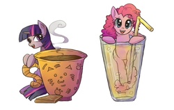 Size: 770x486 | Tagged: safe, artist:keterok, pinkie pie, twilight sparkle, pony, g4, coffee, cup of pony, drink, food, lemonade, micro