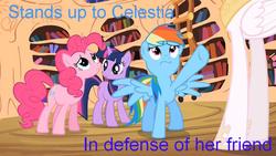 Size: 960x540 | Tagged: safe, edit, edited screencap, screencap, pinkie pie, princess celestia, rainbow dash, twilight sparkle, g4, lesson zero, blue text, image macro