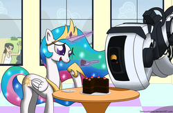 Size: 2300x1500 | Tagged: dead source, safe, artist:seriousarthos, lyra heartstrings, princess celestia, alicorn, human, pony, robot, g4, black forest cake, cake, cakelestia, chell, concave belly, crossover, glados, portal (valve), slender, the cake is a lie, thin