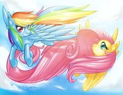 Size: 900x695 | Tagged: safe, artist:captainmoony, fluttershy, rainbow dash, g4, female, flying, lesbian, ship:flutterdash, shipping