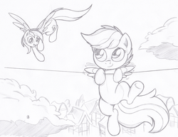 Size: 1037x801 | Tagged: safe, artist:joey darkmeat, rainbow dash, scootaloo, pony, g4, female, hang in there, monochrome, traditional art