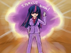 Size: 650x481 | Tagged: safe, artist:keterok, twilight sparkle, human, g4, clothes, explosion, female, humanized, solo, suit, sunglasses