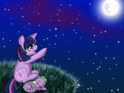 Size: 640x480 | Tagged: safe, artist:hellboundpromises, spike, twilight sparkle, g4, baby, baby dragon, filly, moon, newborn
