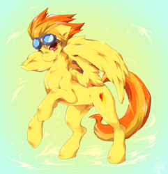 Size: 923x956 | Tagged: dead source, safe, artist:jeniak, spitfire, pegasus, pony, g4, colored pupils, cutefire, female, goggles, goggles on head, gradient background, looking at you, mare, partially open wings, rearing, smiling, smiling at you, solo, wings