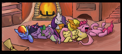 Size: 900x398 | Tagged: safe, artist:bootsa81, applejack, fluttershy, pinkie pie, rainbow dash, rarity, spike, twilight sparkle, earth pony, pegasus, unicorn, g4, cuddle puddle, cute, daaaaaaaaaaaw, female, mane seven, mane six, sleep pile, sleeping, sleepover, snoring, unicorn twilight