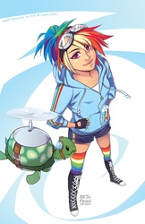 Size: 388x600 | Tagged: safe, artist:finni, rainbow dash, tank, human, tortoise, g4, clothes, converse, female, hoodie, humanized, male, no more ponies at source, shoes