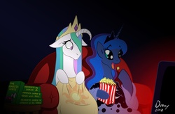Size: 1000x654 | Tagged: safe, artist:omny87, princess celestia, princess luna, g4, duo, duo female, eating, female, floppy horn, herbivore, horn, implied the headless horse, movie, popcorn, snuggie