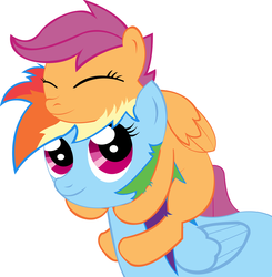 Size: 2440x2492 | Tagged: safe, artist:cronnox, rainbow dash, scootaloo, pegasus, pony, g4, eyes closed, female, filly, folded wings, high res, mare, piggyback ride, scootaloo riding rainbow dash, scootalove, simple background, smiling, white background, wings