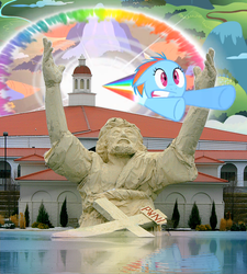 Size: 450x500 | Tagged: safe, artist:ponyweed, rainbow dash, g4, female, filly, foal, jesus christ, parody, photo, sonic rainboom, touchdown, touchdown jesus