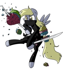 Size: 1068x1224 | Tagged: safe, artist:frankier77, derpy hooves, pony, g4, bipedal, clothes, cupcake, female, ninja, solo, sword, weapon