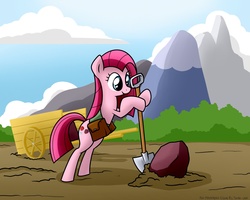 Size: 1280x1024 | Tagged: safe, artist:frankier77, pinkie pie, earth pony, pony, ask pinkamena diane pie, g4, ask, bag, cart, female, pinkamena diane pie, rock, rock farm, shovel, solo, tumblr