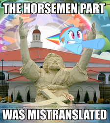 Size: 450x500 | Tagged: safe, artist:ponyweed, rainbow dash, g4, female, filly, foal, four horsemen of the apocalypse, image macro, jesus christ, parody, sonic rainboom, touchdown jesus