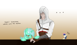 Size: 1000x597 | Tagged: safe, artist:theeroyalwe, bon bon, lyra heartstrings, sweetie drops, earth pony, human, pony, unicorn, g4, assassin's creed, crossover