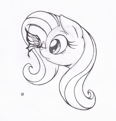 Size: 682x711 | Tagged: safe, artist:joey darkmeat, fluttershy, butterfly, pony, g4, butterfly on nose, female, insect on nose, monochrome, solo, traditional art